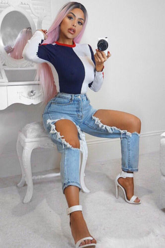 Womens Block Colour Contrast Bodysuit Ladies Long Sleeve Stretchy Leotard Tops