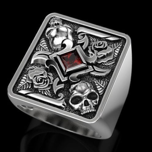 Heavy Atique Rose and Skull Mens Engagement Ring Oxidized 925 Sterling Silver 