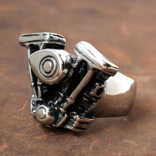 Men's 3D Motorcycle V2 V-twin Engine Motorbike Club 316L Stainless Steel Ring 
