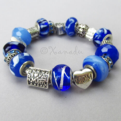 Mom Loves Blue European Charm Bracelet Sapphire Blue Mothers Day Gift Idea
