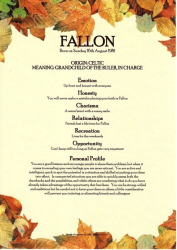 PERSONALISED FIRST NAME MEANING CERTIFICATE AUTUMN LEAVES BACKGROUND 