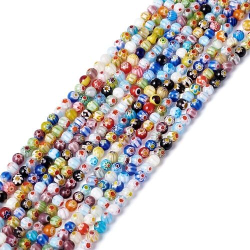 65pcs/Strd 6mm Millefiori Lampwork Glass Beads Round w/ Flower Colorful Spacers 