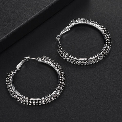 Luxury Hoop Earrings Diamante Bridal Round Rhinestone Silver Tone YU