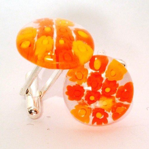Orange Flower Glass /& Silver Murano Millefiori Floral Cufflinks.