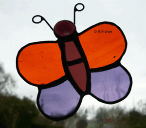 Handmade Orange / Purple Stained Glass Butterfly wide NEW 10cms 4ins 