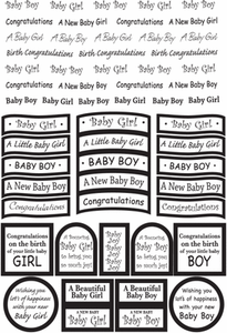 A4 Sheet of Die Cut Card Baby Sentiments Silver Foil 58 Baby Sayings