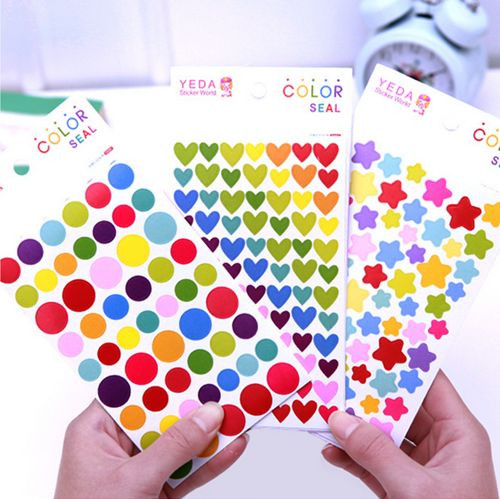 6 Sheets Assorted Stickers Heart Star Round Shape Multi Color Reward Kid Work US