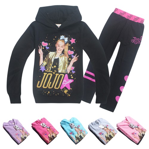 Girl Jojo Siwa Costume Hooded Hoodie Sweatshirt+Trousers Fancy Dress Outfits Set