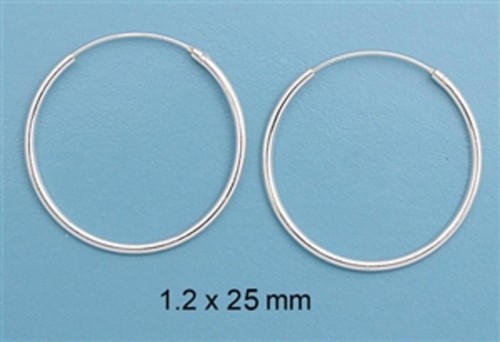 Silver Tiny Continuous Hoop Earrings Sterling Silver 925 Jewelry 1.2 mm x 25 mm