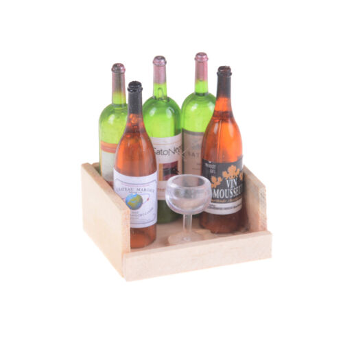 1Set Wine Juice Bottles With Cup Wood Rack 1:12 Dollhouse Miniature DecorationES