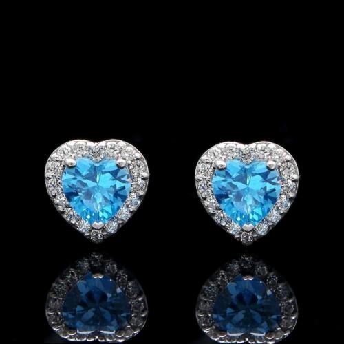 1.00CT Halo Heart Topaz Blue Created Diamond Stud Earrings Solid 14K White Gold