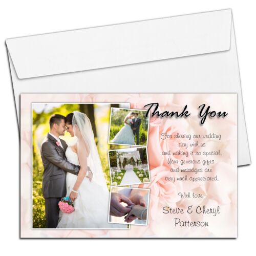 10 Personalised Wedding Thank you PHOTO cards Pink Roses N149 