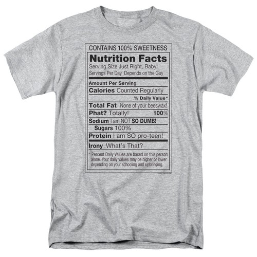 NUTRITION FACTS LABEL 100/% SWEETNESS Adult T-Shirt All Sizes