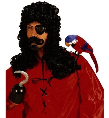 Captain Hook Wig Long Black Curly Wig Pirate Fancy Dress w// Goatee /& Moustache