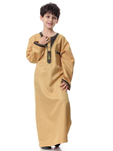 Saudi Style Kids Boys Dress Thobe Daffah Abaya Islamic Kaftan Long Robe Arab New 