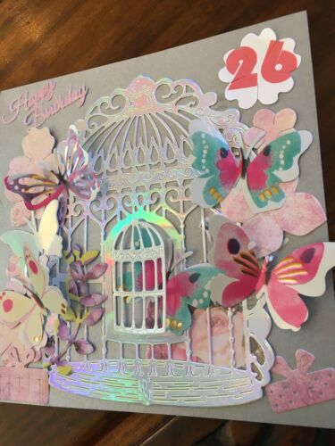 Details about  / Handcrafted Birthday Card Bird Cage Butterflies Greetings Custom Made