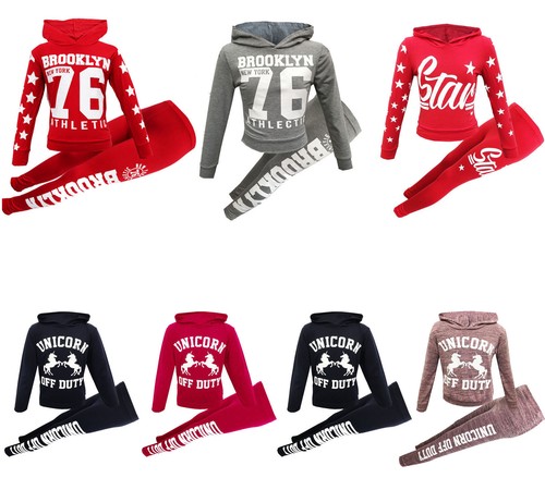 Kids Girls Unicorn Brooklyn 76 Print Hooded Jog Suit Tracksuit Jogging Set New