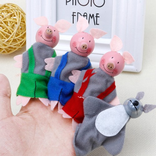 4 Pcs//set Three Little Pigs Finger Puppets Wooden Headed Baby Educational Toy