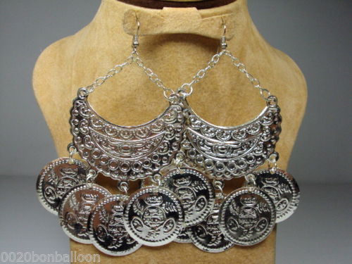 Handmade Egyptian Tribal Gypsy Ethnic Belly Dance Earrings Coins Dangle Pierced