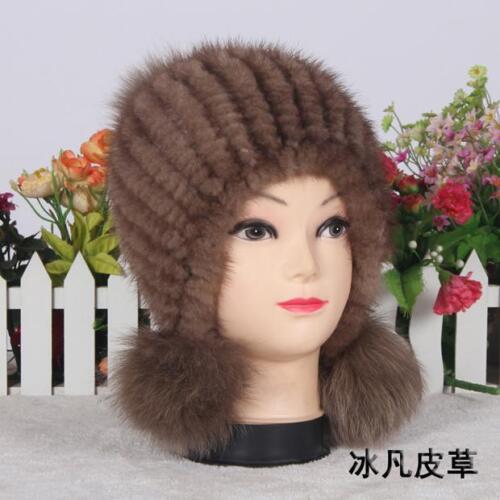 Genuine Real mink Knitted Fur hat with ball Women/'s Winter warm Russian fur hat