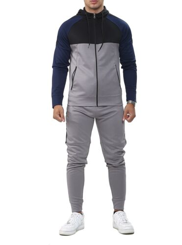 Mens Colour Block Full Zip Hooded Slim Fit Joggers Tracksuit Stretch Set