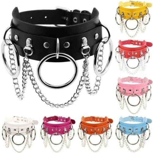 Unisex_Punk Leather Adjustable Choker Necklace Neck Collar with Ring Chain &Pin 
