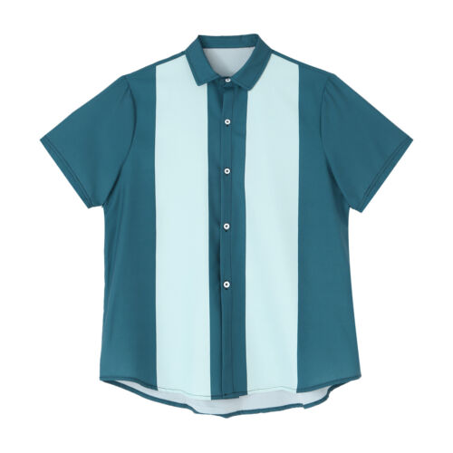 Men Bowling Shirt Cuban Style Retro Short Sleeve Camp Button Down Casual Shirt
