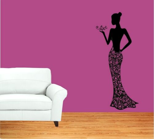 Black Lady Wall Sticker Dress Madam Decals Bedroom Stencil Huge Flowers Pattern