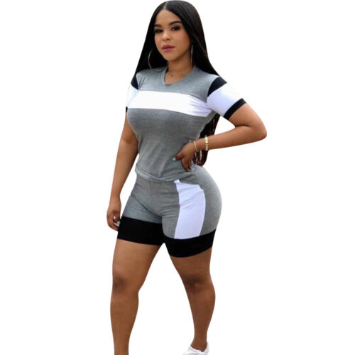 Fashion Women Sporty Crew Neck Short Sleeves Patchwork Casual Short Tracksuit2pc