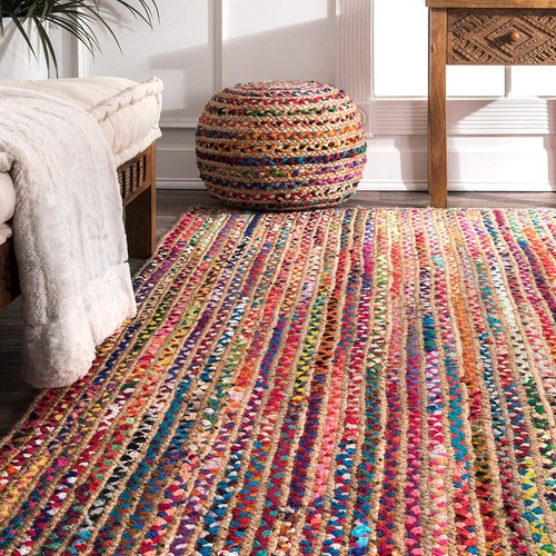 Braided Rug Handmade Reversible Jute /& Cotton Multi Chindi Carpet 90X240 cm