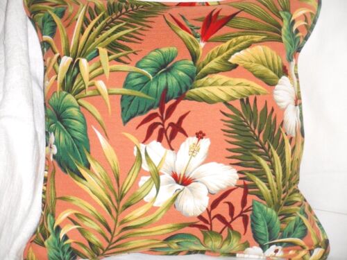 20" Tropical Cotton Barkcloth Fabric CORDED PILLOW ~Hibiscus Garden-Coral~ 