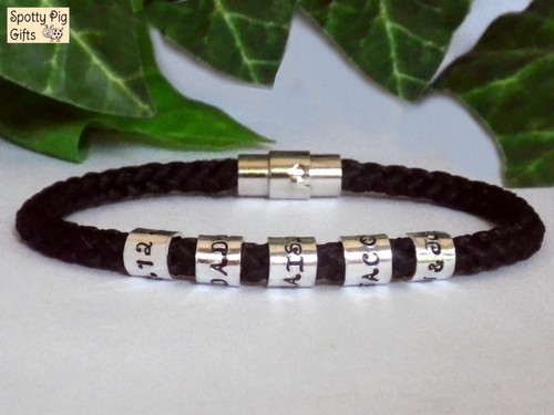 ANY SIZE Gift Dad Man PERSONALISED Mens Bracelet Names Cuff Braided Black