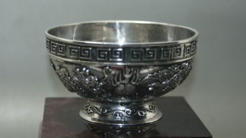 Chinese old Miao silver Carving Dragon Phoenix Bowl Collectible Bowls