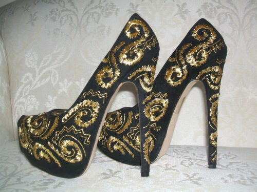 Nouvelle taille 3 4 5 6 black gold diamante brodé talon haut plateforme cour chaussures