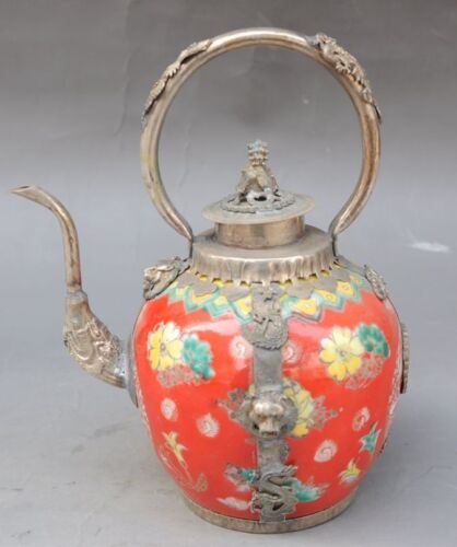 Chinese ancient collection silver dragon pixiu cover glass ceramic teapot