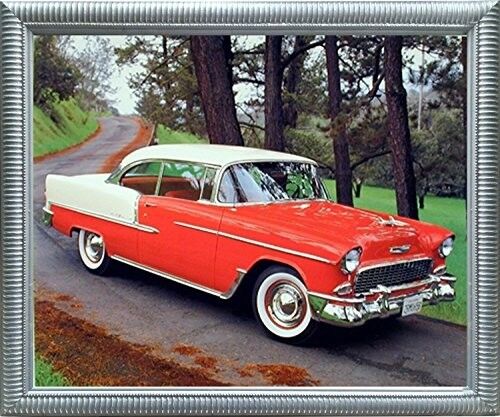 1955 Chevy Bel Air Hard Top Classic Red Vintage Car Framed Wall Decor Picture