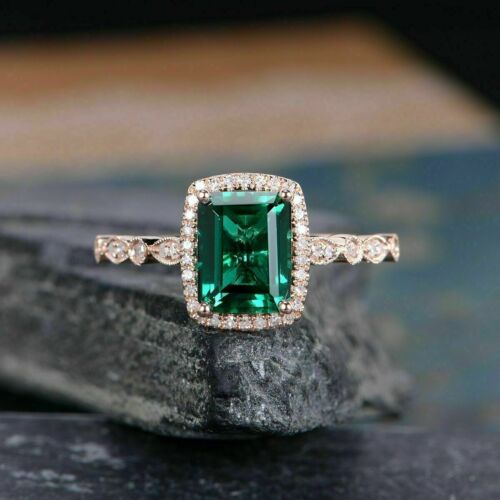 Details about  / 2.50Ct Green Emerald and Diamond Halo Engagement Ring Solid 14K Rose Gold Finish