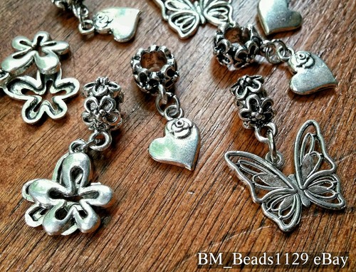 8P LOT Mixed Flowers Roses Butterfly Hearts Pendants European Dangle Bead Charms