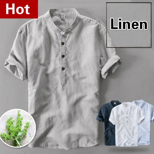 New Men Linen Short Sleeve Loose T-shirt Top Shirt Loose Ethnic Stand Up Collar 
