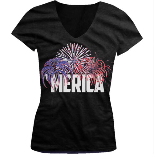 Happy 4th of July America USA Juniors V-neck T-shirt Fireworks Details about  / MERICA