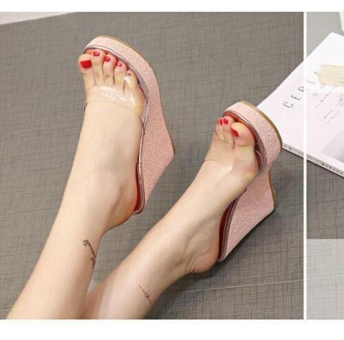 Details about   Sexy Clear Women's Sandals Shoes Mules High Wedge Heels Peep Toe Platform Casual 