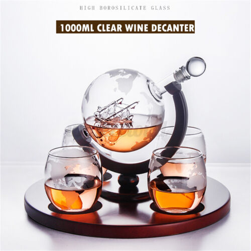 1000ml Whiskey Decanter 4 Cup Set Liquor Wine Glass Globe World Ship Decor