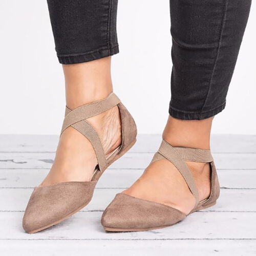 Women's Pointed Toe Ballet Flat Ankle Strap Cross Ballerina Pumps Casual Shoes 