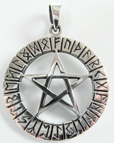New  !! Sterling  Silver  925  Pentagram  In  Rune  Circle   Pendant   !