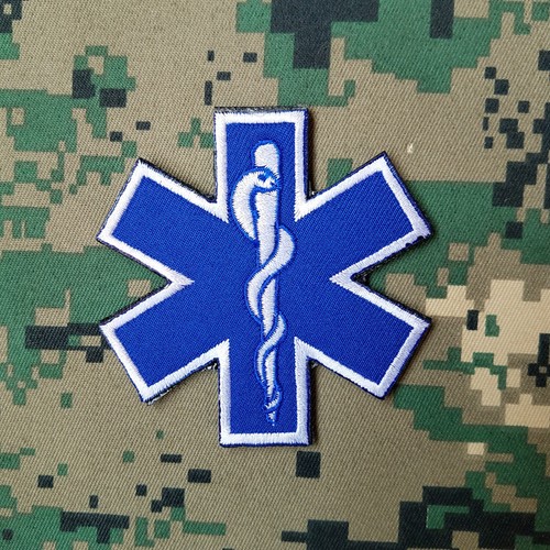 PARAMEDIC EMT EMS STAR OF LIFE MILITRAY TACITCAL HOOK PATCH EMBROIDERED BLUE