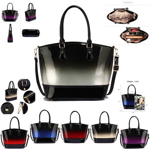 Women/'s Designer Patent Handbags Ladies Two Tone Tote Faux Leather Bags New