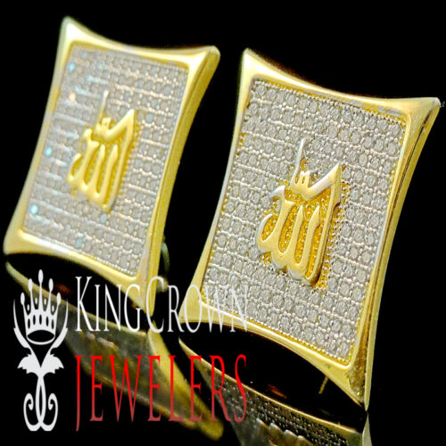 Men Ladies Yellow Gold Finish Allah Kite Square Earrings Studs 18mm Simu Diamond 