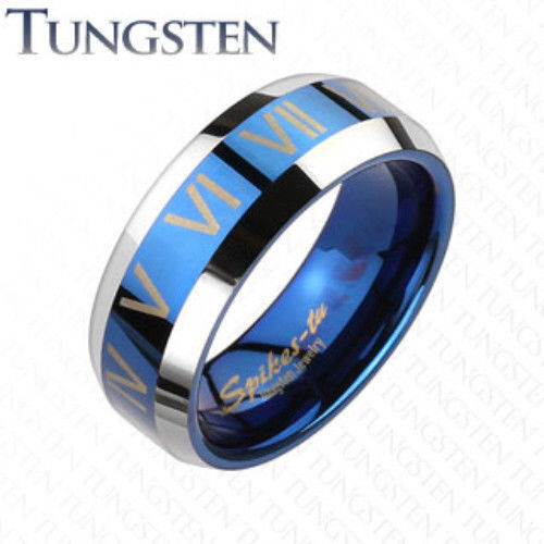 Blue Stripe Roman Numerals Tungsten Wedding Ring Size 9,10,11,12,13 f100 