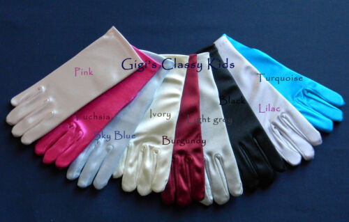 New Girls Wrist Gloves Satin Black Pink Fuchsia Blue Ivory Lilac Turquoise Grey 