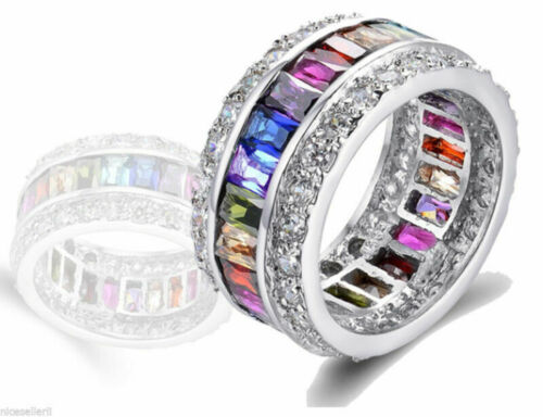 Mode Plaqué Argent Multi-Color Sapphire Gem Ring Women Bridal Jewelry SZ 5-12